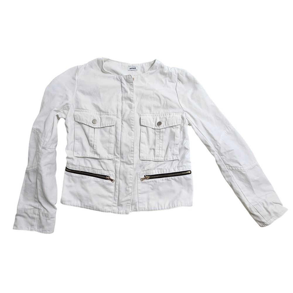 Pimkie Utility Jacket Womens White Cotton Denim Collarless Zip Up Cargo Pocket *